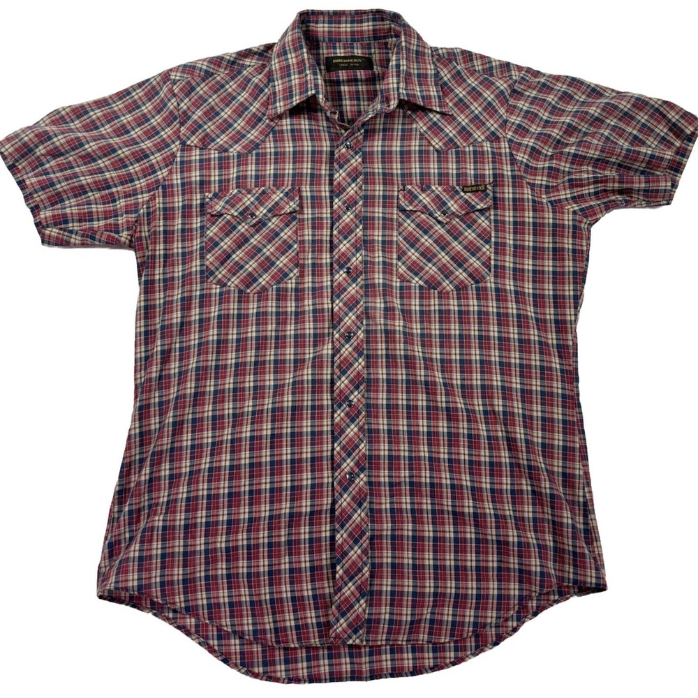Roebucks Shirt Mens Large Red Blue Plaid Pearl Snap Short Sleeve Casual Western